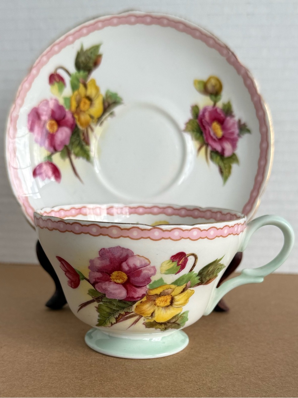 VTG Shelley Fine Bone China Teacup and Saucer "Begonia" Pink and Yellow Blossoms